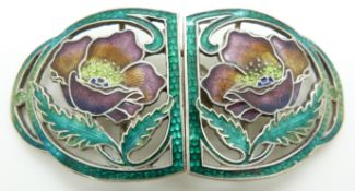 Art Nouveau white metal belt buckle with enamel decoration depicting flowers, marked silver, width