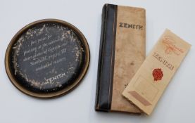 Zenith wristwatch box in the form of a book with original guarantee card together with a plaque