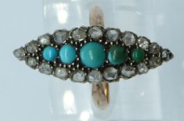 Victorian marquise shaped ring set with turquoise cabochons and rose cut diamonds, 2.9g, size M