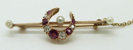 Victorian rose gold brooch in the form of a crescent set with rubies, diamonds and seed pearls, 3.