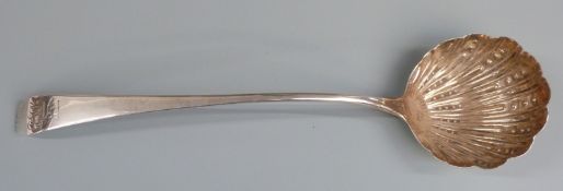 Georgian hallmarked silver soup ladle with embossed bowl, London 1786 maker Thomas Wallis II, length