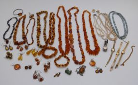 A collection of pressed amber jewellery including silver earrings, six necklaces, three bracelets,