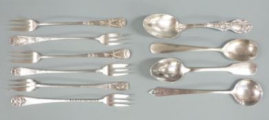 Six late 19th or early 20th century Gorham white metal cake forks with Gorham Sterling marks, length