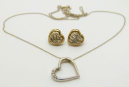 A 9ct white gold heart pendant set with diamonds and a pair of 9ct gold earrings, 3.2g