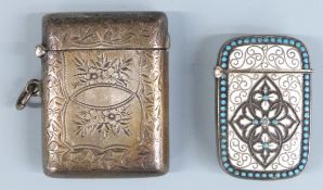 Continental white metal and enamel vesta case marked 880, together with a hallmarked silver example,