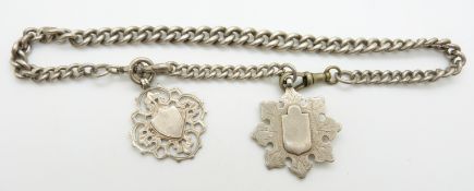 A hallmarked silver Albert/ fob chain with two silver fobs