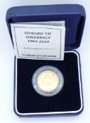 Edward VII 1908 Perth Mint gold full sovereign, cased with certificate