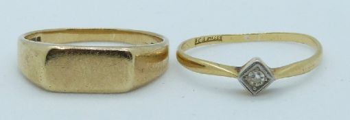 An 18ct gold ring (1.1g) set with a diamond and a 9ct gold ring (3.2g)