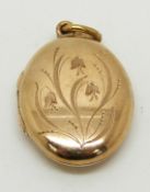 A 9ct gold locket with engraved snowdrops, 7.3g