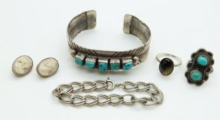 A pair of Victorian cameo earrings, white metal bangle set with turquoise and two silver rings