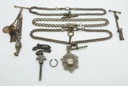 Three hallmarked silver fob chains/ Alberts, silver fob and charms