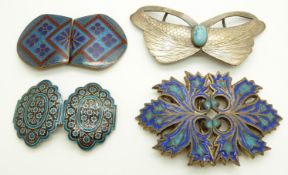 A white metal belt buckle set with enamel, butterfly belt buckle and two enamel examples