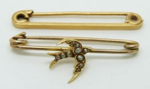 Victorian yellow metal brooch in the form of a swallow set with seed pearls and another yellow metal
