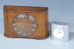 1950s 'Time Saver' clock with utility Roman dial and a Baskerville mantel clock in aluminium case