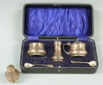 Cased three piece hallmarked silver cruet set, Birmingham 1946 maker I S Greenberg & Co, and a
