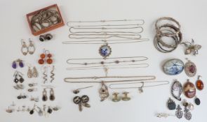 Two hallmarked silver bangles, Delft brooch, Wedgwood cufflinks, silver necklaces, guard chain,