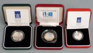 Royal Mint silver proof piedfort £1 coin, 50p silver proof piedfort and WWII silver proof £2 coin,