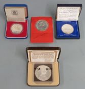 Four silver commemorative type coins to include Barbados 10 dollar, Bahamas 10 dollar, Cayman