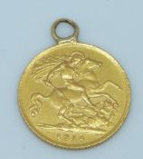 George V 1914 gold half sovereign with pendant mount
