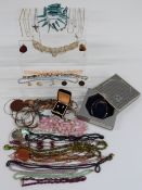 A collection of costume jewellery including Swarovski crystal necklace in original box, agate, white
