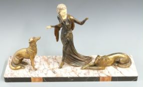 Menneville Art Deco figurine of a lady with two greyhounds, marble base, W72 H44cm