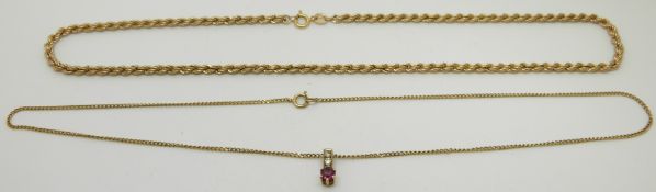 Two 9ct gold necklaces and a paste set pendant, 6.4g
