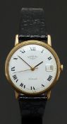Rotary 9ct gold gentleman's wristwatch with date aperture, black hands and Roman numerals, white