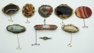 Victorian brooch set with moss agate, pinchbeck brooch set with agate, ceramic brooch and mother