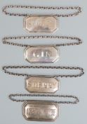 Four hallmarked silver bottle tickets or labels comprising a set of three Sherry, Scotch and Gin