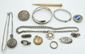 A white metal niello snake bangle, silver crown, silver badge, silver bangle, Edwardian silver