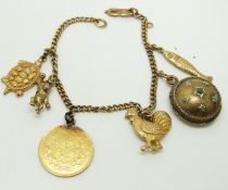 A 9ct gold charm bracelet with 15 Franc gold coin, turtle, cockerel, turquoise locket (no backs)