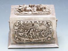 Silver plated continental jewllery box with relief scenes to lid, front and sides, the inerior