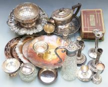 A quantity of silver plated ware to include two swing handled baskets, rose bowl, teapot, two pair