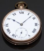 9ct gold keyless winding open faced pocket watch with inset subsidiary seconds dial, blued hands,
