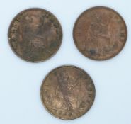 Two 1860 Victoria halfpennies, and an 1892 example, all VF+-EF