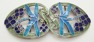 Art Nouveau white metal belt buckle with enamel decoration depicting two dragonflies, marked silver,