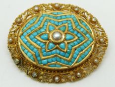 Victorian gold brooch set with a pearl to the centre surrounded by turquoise cabochons, within a