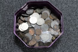 A box containing a quantity of pre-decimal British coinage and crowns