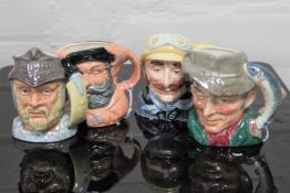 Four Royal Doulton character jugs : Gladiator, D 6553, height 11 cm, The Poacher, D 6464,