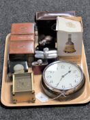 A circular oak Smiths wall clock together with hip flasks, leather cased bridge set,