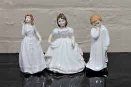 Three Royal Doulton china figurines : Amanda, HN 3635, height 13 cm, together with Joy, HN 3875,