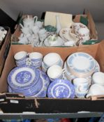 Two boxes containing English and foreign tea china and dinner ware, Willow pattern,