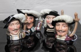 A set of four Royal Doulton character jugs : Aramis, D 6454, height 10 cm, Porthos, D 6453,