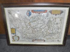 A framed map of Ireland in the 1600's CONDITION REPORT: This is a reproduction map.
