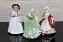 Three Royal Doulton china figurines : Fair Maiden, HN 2211, height 14 cm, together with Sharon,