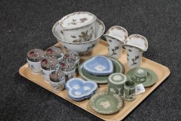 A tray of ten pieces of Wedgwood Jasper ware together with six Royal Worcester egg coddlers and