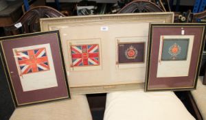 Three framed military regimental colours together with a gilt framed topographical print of
