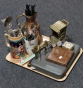 A tray containing cased cutlery, brass horse and carriage, trinket box, antique copper jug,