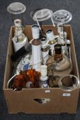 A box containing a quantity of china table lamps together with a glass pendant light fitting and a