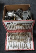 A box containing antique pewter tea services, canteen of cutlery, tankards,
